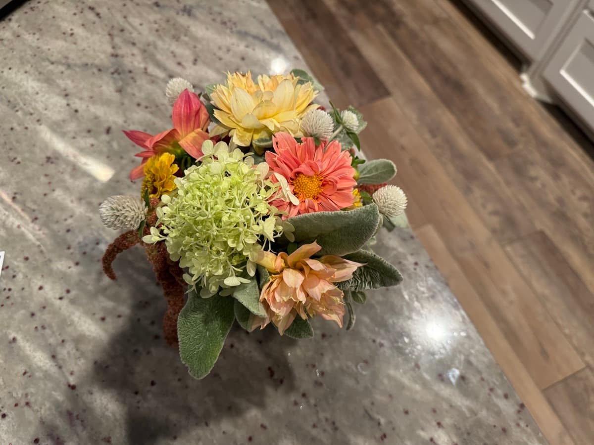 Petite pastel arrangement with dahlias and hydrangea